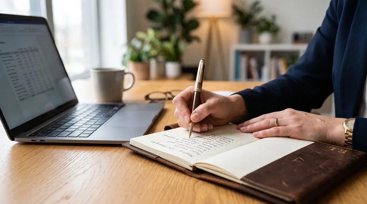 Handwritten notes beside a computer during study